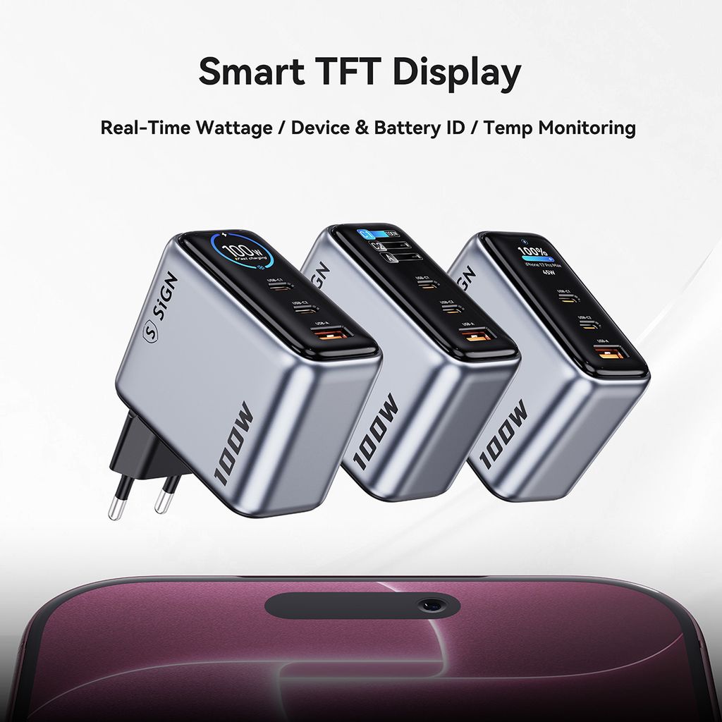 SiGN 100W Snabbladdare med Display – 2x USB-C / 1x USB-A - Grå