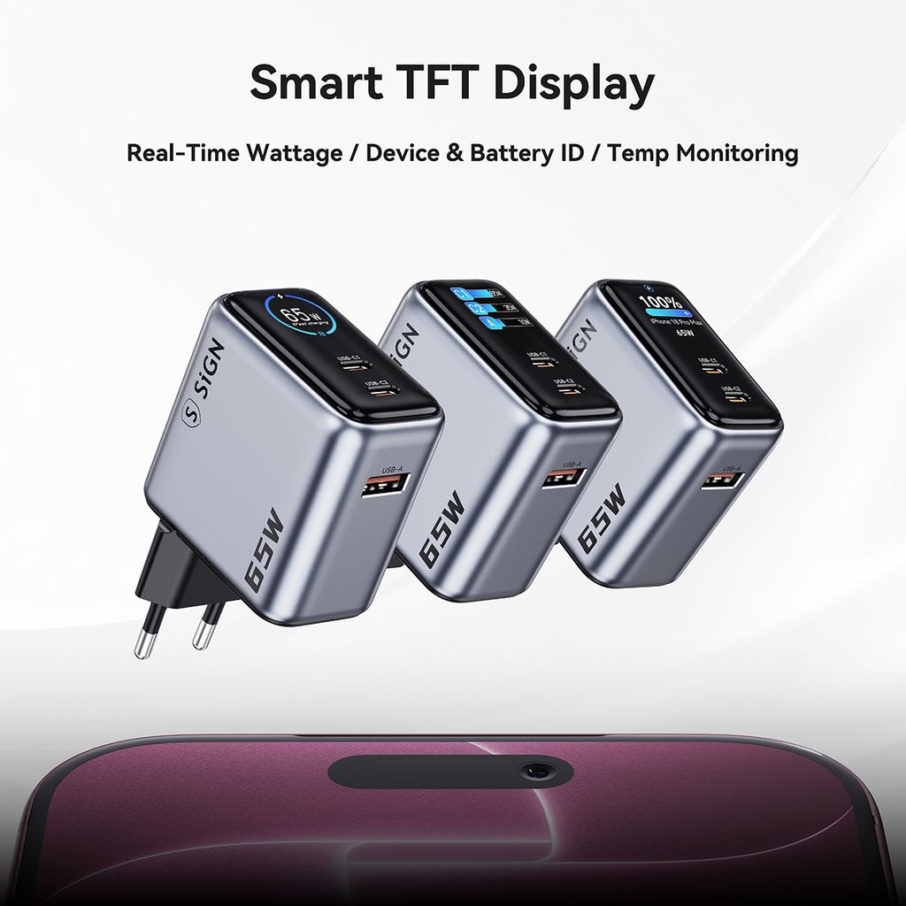 SiGN 65W Snabbladdare med Display – 2x USB-C / 1x USB-A - Grå