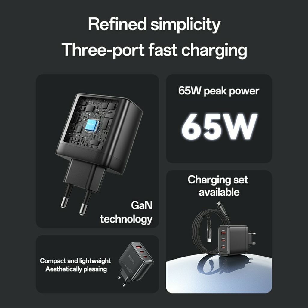 YESIDO YC144C 65W GaN hurtigoplader 2xUSB-C/1xUSB-A med USB-C kabel 1,2m – Sort