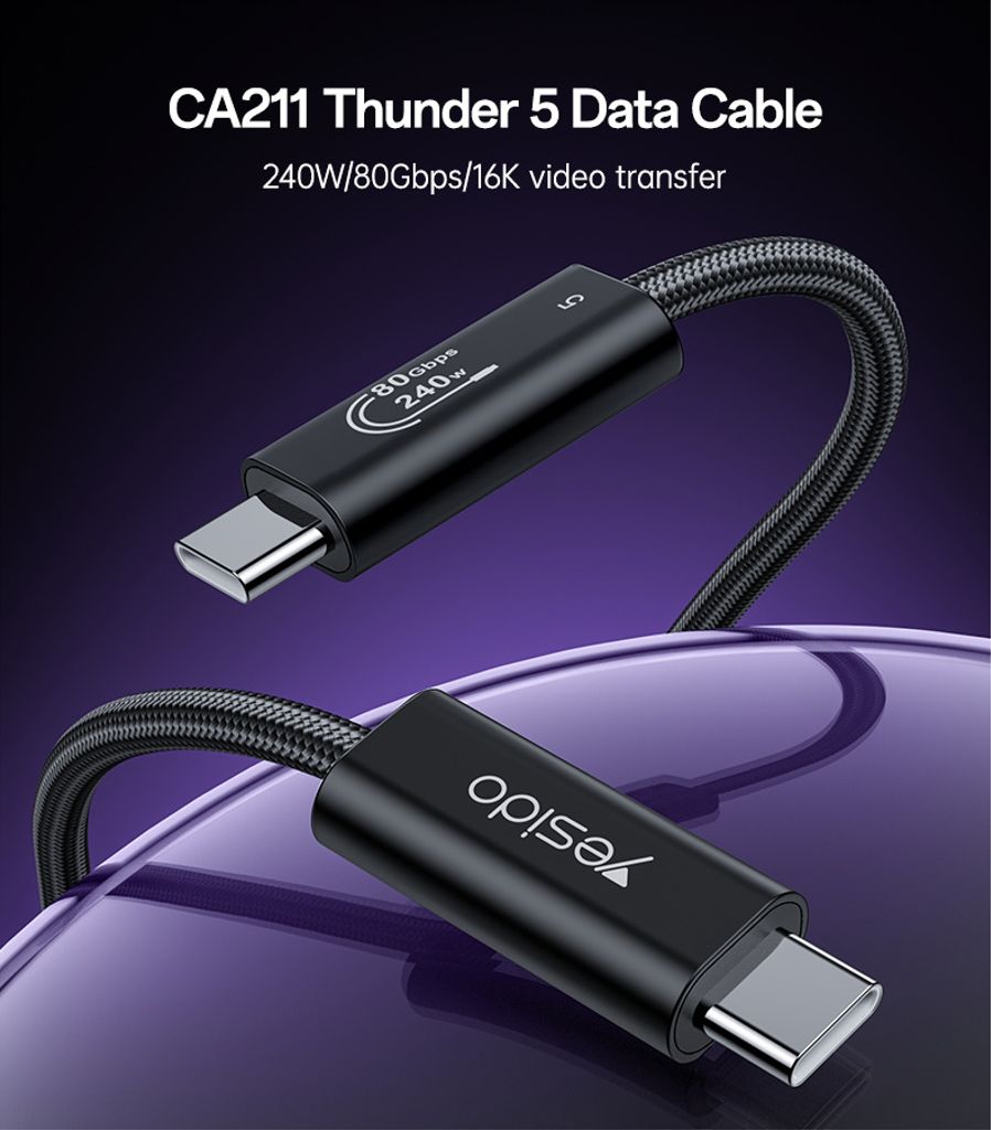 YESIDO CA211 Thunderbolt 5 USB-C til USB-C kabel 240W, 1m – Sort