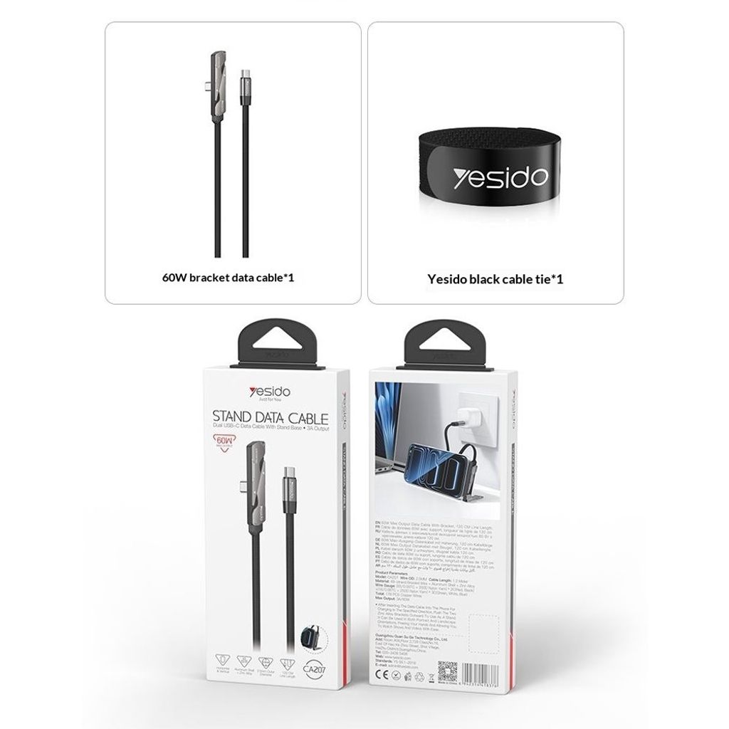 Yesido CA207 USB-C till USB-C laddkabel med stativ – Svart