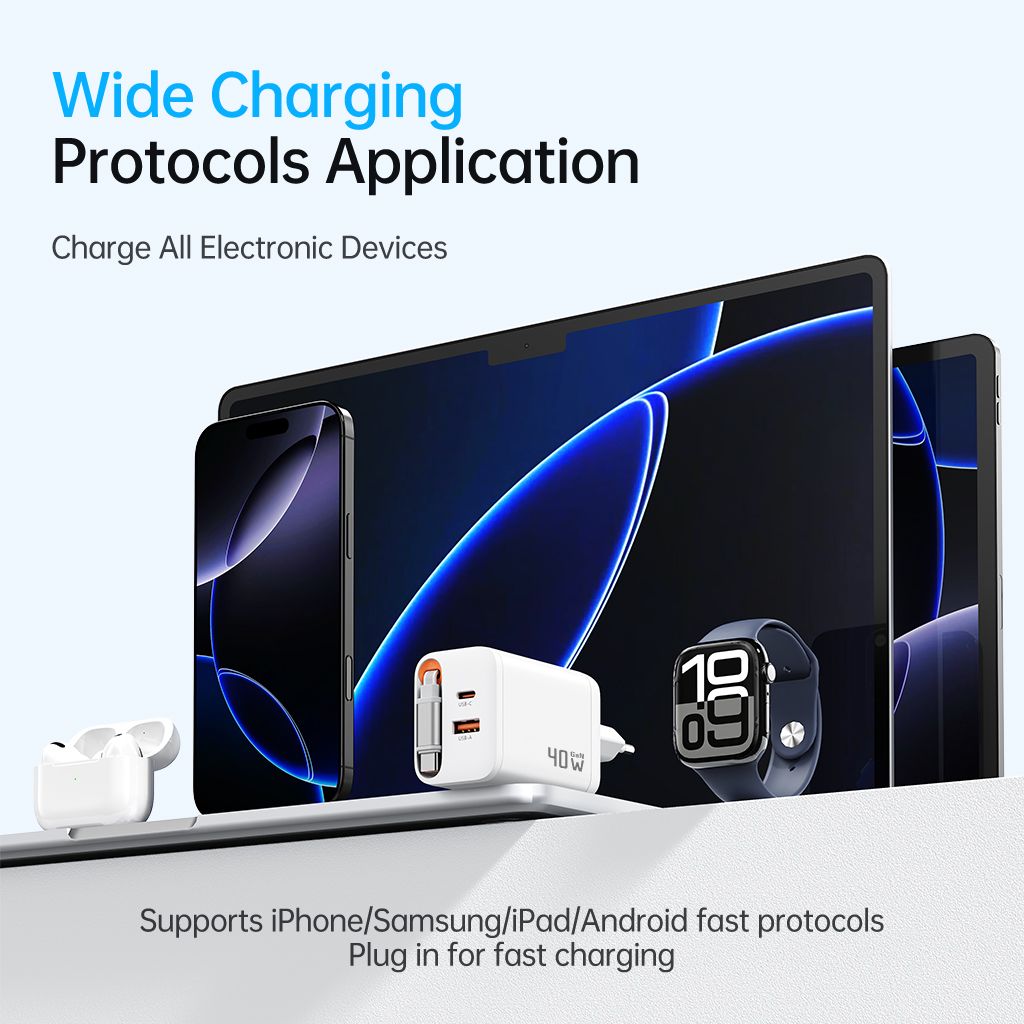 SiGN GaN hurtiglader USB-C/USB-A 40W med forlengbar USB-C-kabel - Hvit