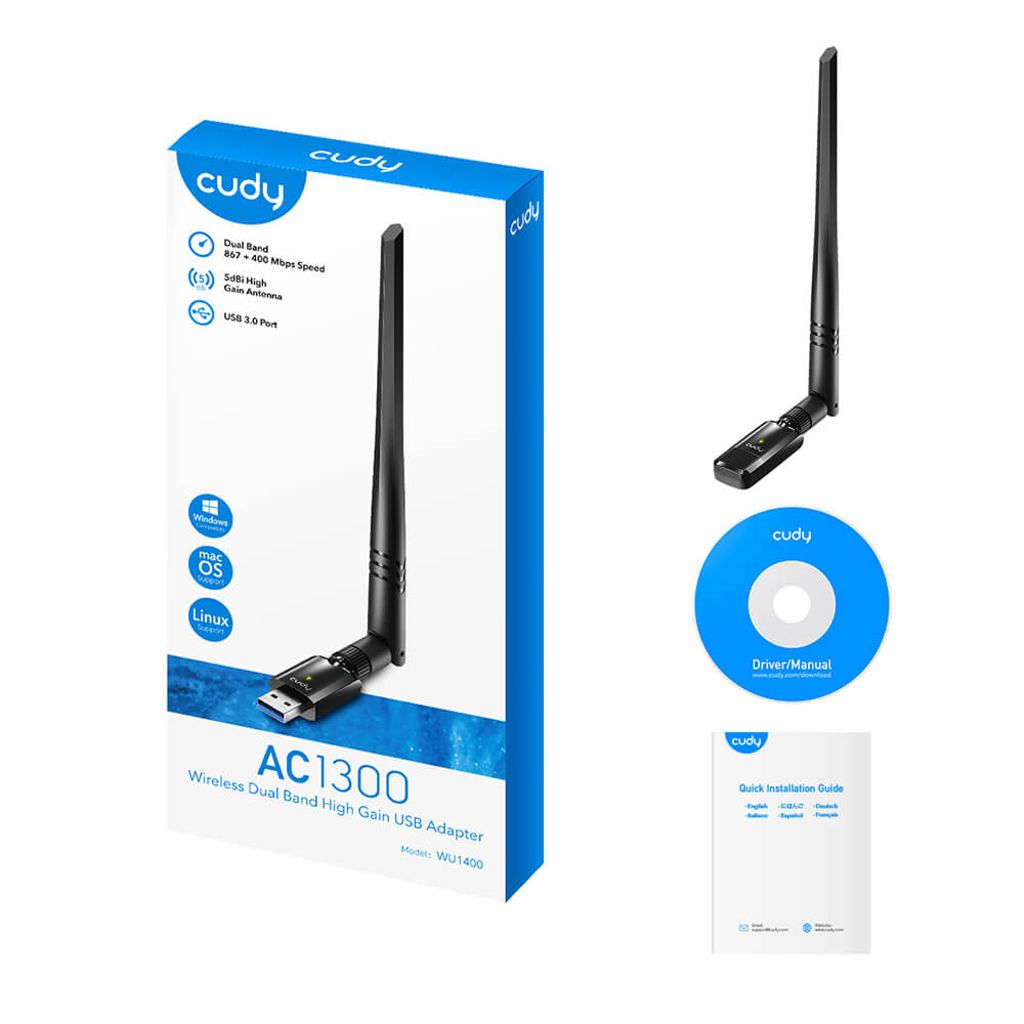 CUDY WU1400 USB Nätverksadapter AC1300 High Gain – Svart