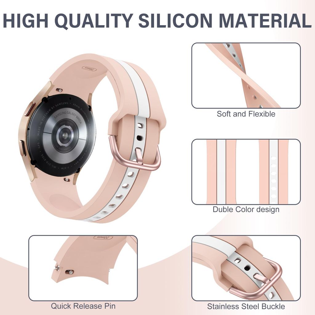 Samsung Galaxy Watch 7/6/5 -kellonrannekkeet silikonikuviolla ja pystysuorilla raidoilla – pinkki/valkoinen