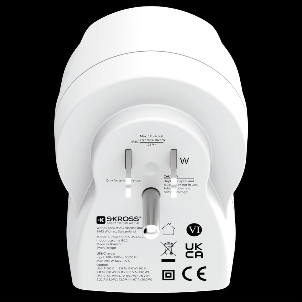 SKROSS Reiseadapter Europa til USA med USB-A/USB-C 20W PD