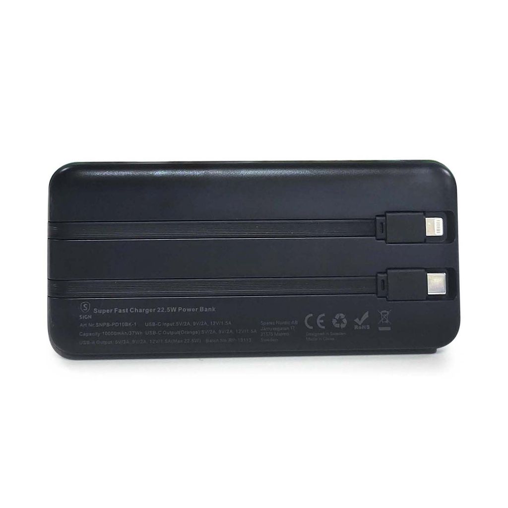 SiGN Kraftig Powerbank med Indbyggede Kabler, 10000mAh - Sort