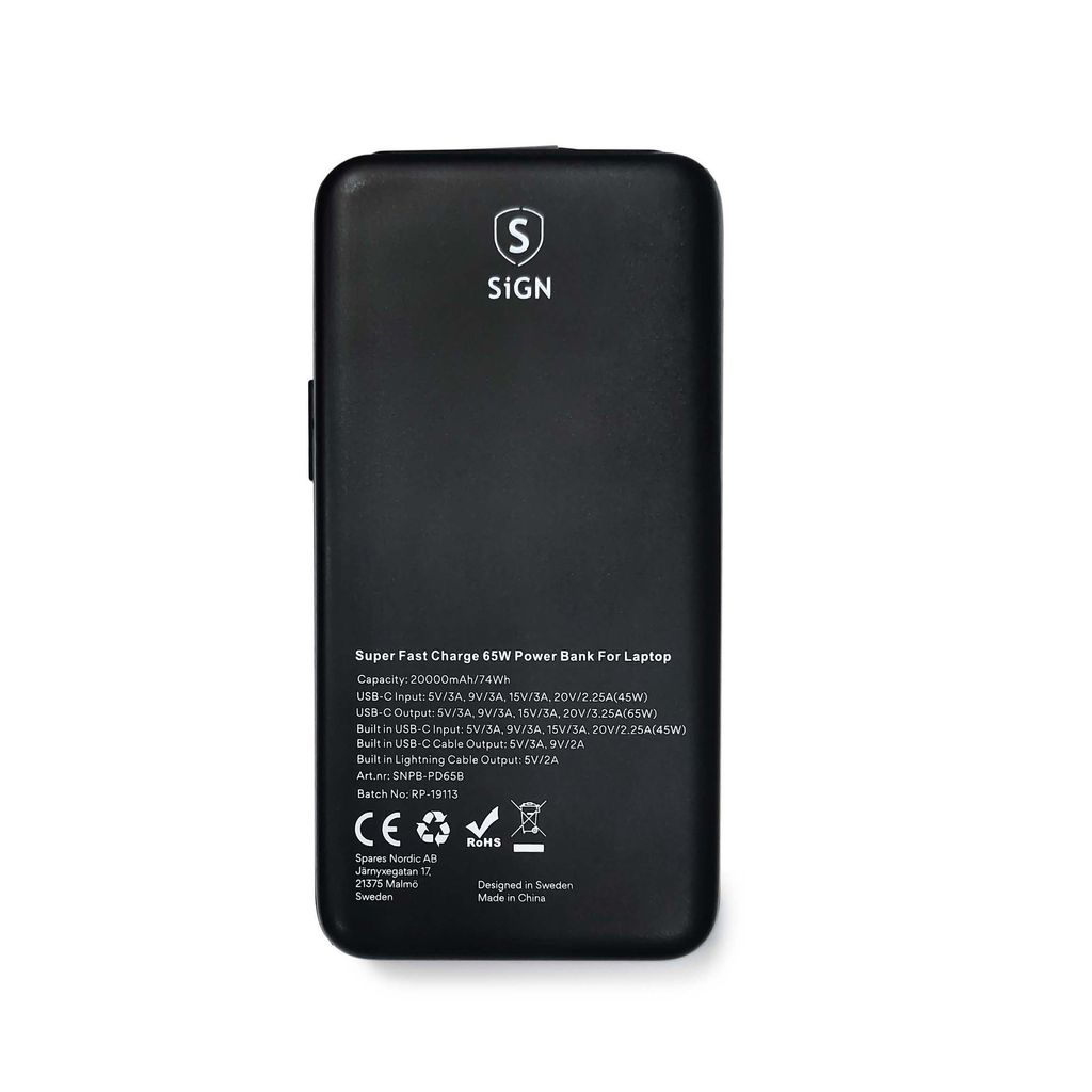 SiGN Kraftig Powerbank med Innebygde Kabler 20000mAh 65W USB-C/Lightning
