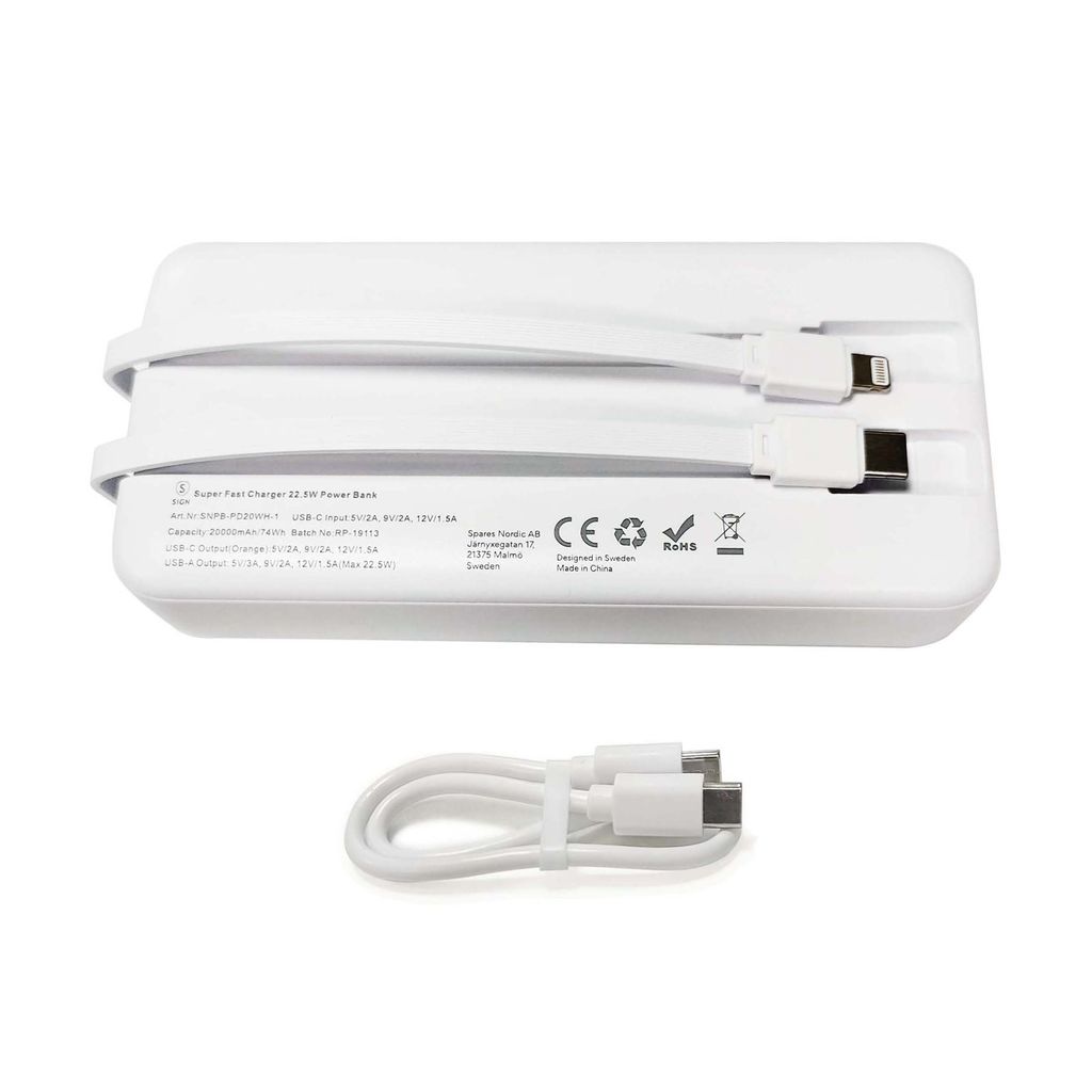 SiGN Kraftig Powerbank med Indbyggede Kabler, 20000mAh - Hvid