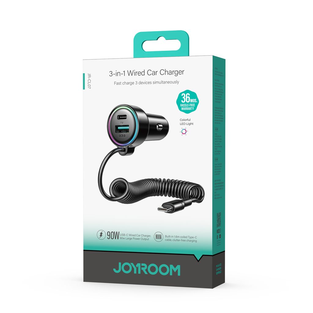 Joyroom JR-CL07 3-i-1 90W billaddare USB-C/USB-A portar med USB-C kabel – svart