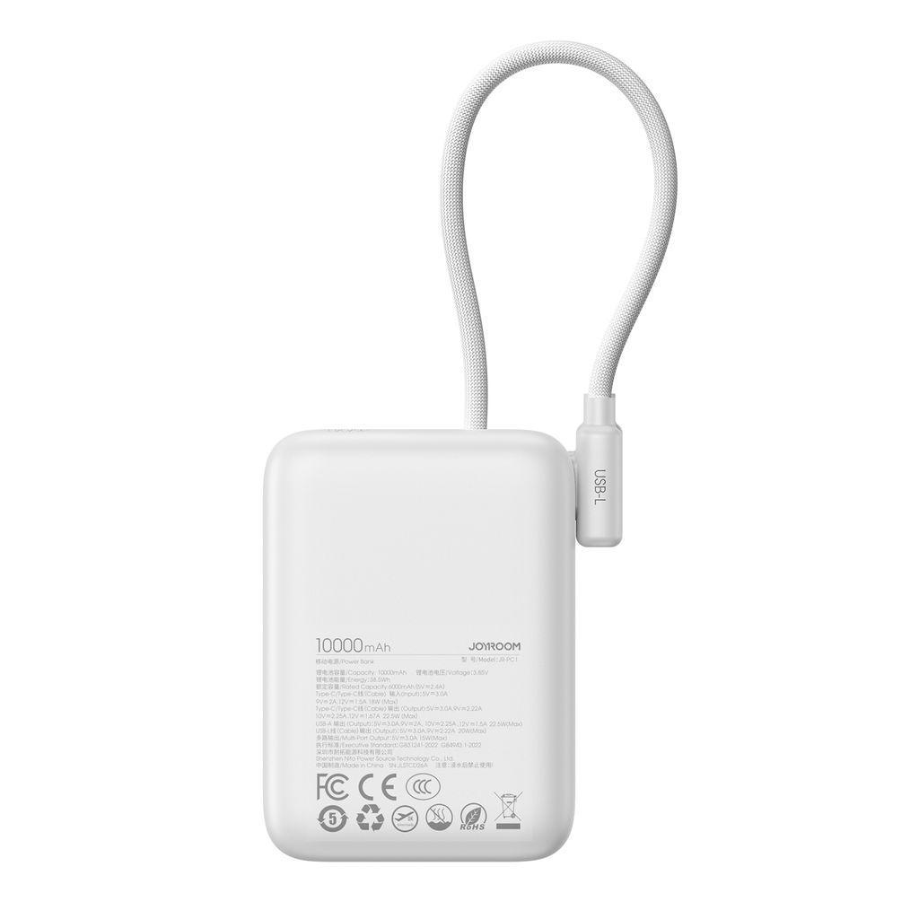 Joyroom JR-PC1 22.5W mini powerbank 10000mAh med USB-C/Lightning-kablar – vit