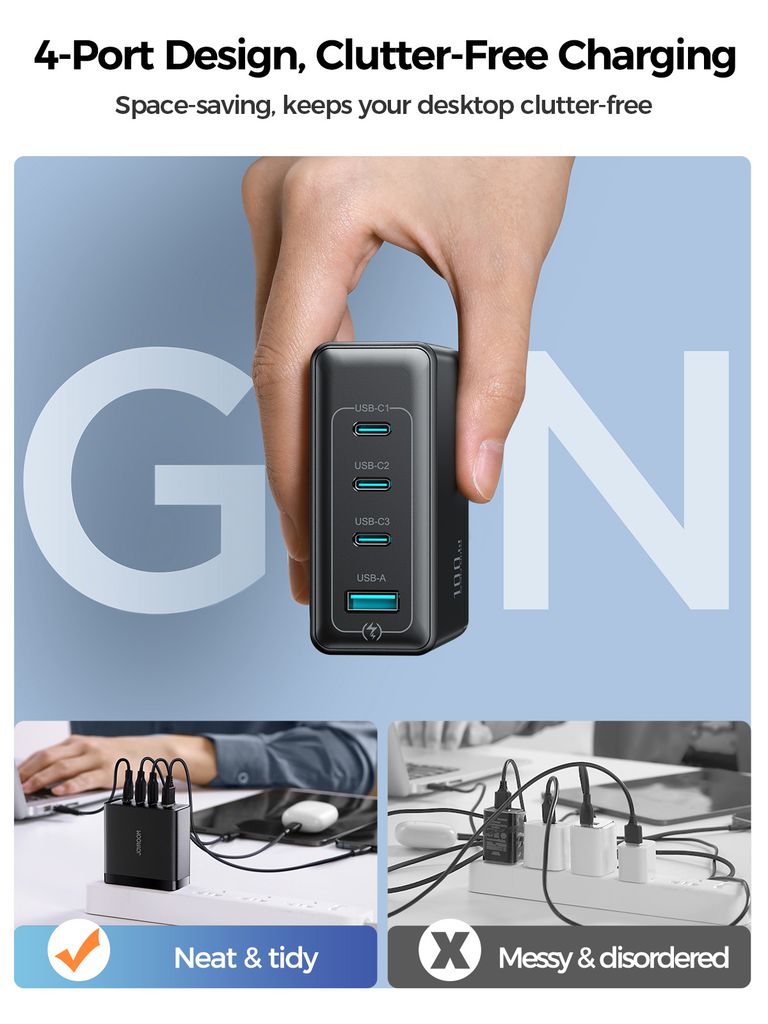 Joyroom 100W GaN Moniporttipikalaturi USB-C-kaapelilla 240W, 2m – Musta
