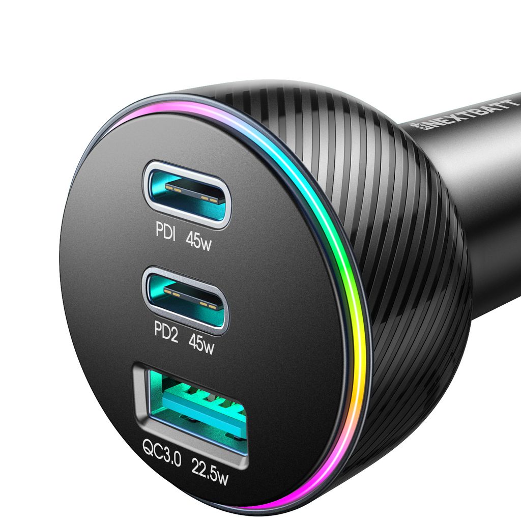 NEXTBATT LED billaddare 90W PD, USB-A / 2x USB-C – svart