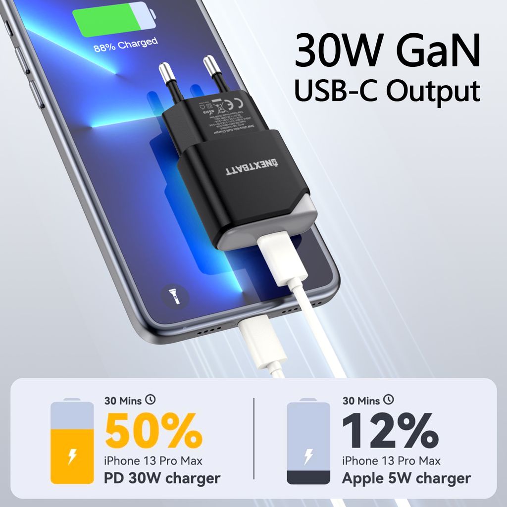 NEXTBATT GaN 30W Slim Hurtigoplader USB-C – Sort/Grå