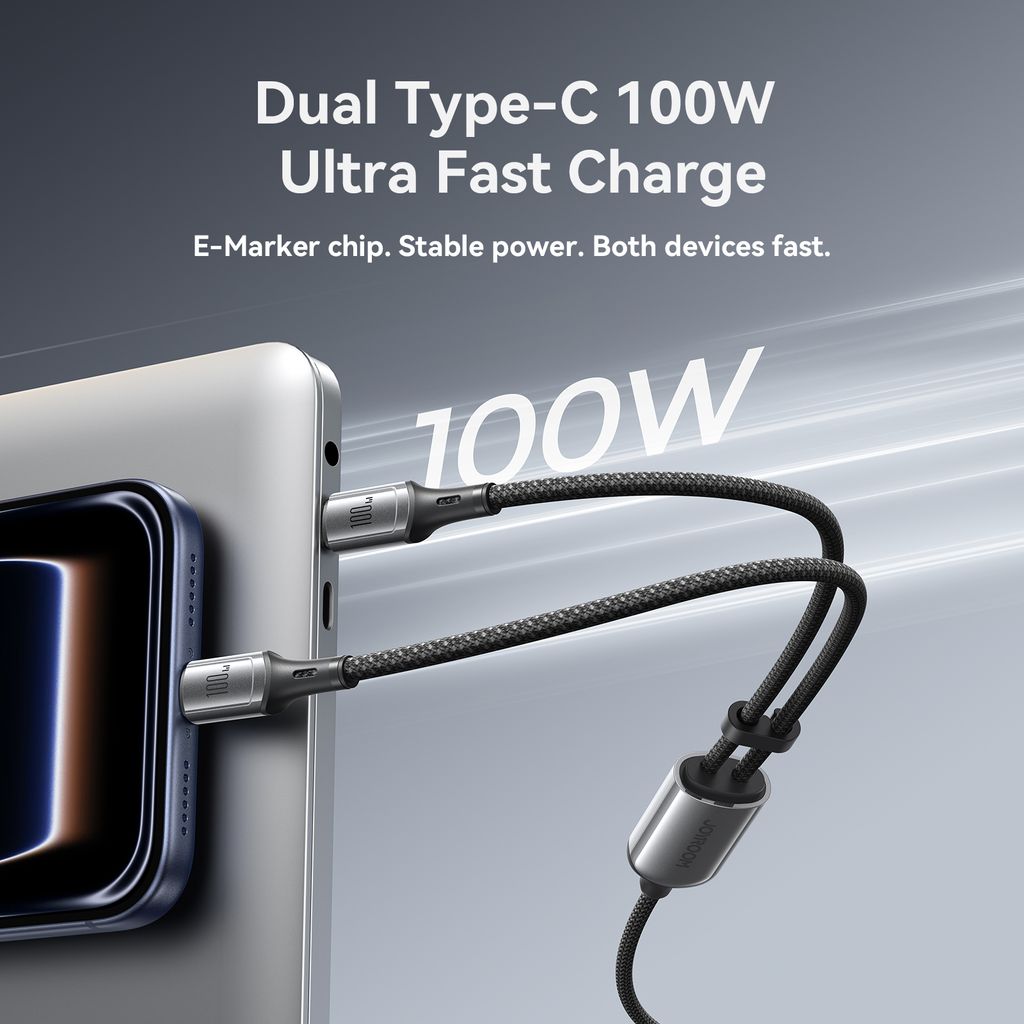 Joyroom S-A57 RapidX-serien hurtigladekabel 100W USB-C til 2x USB-C – Grå