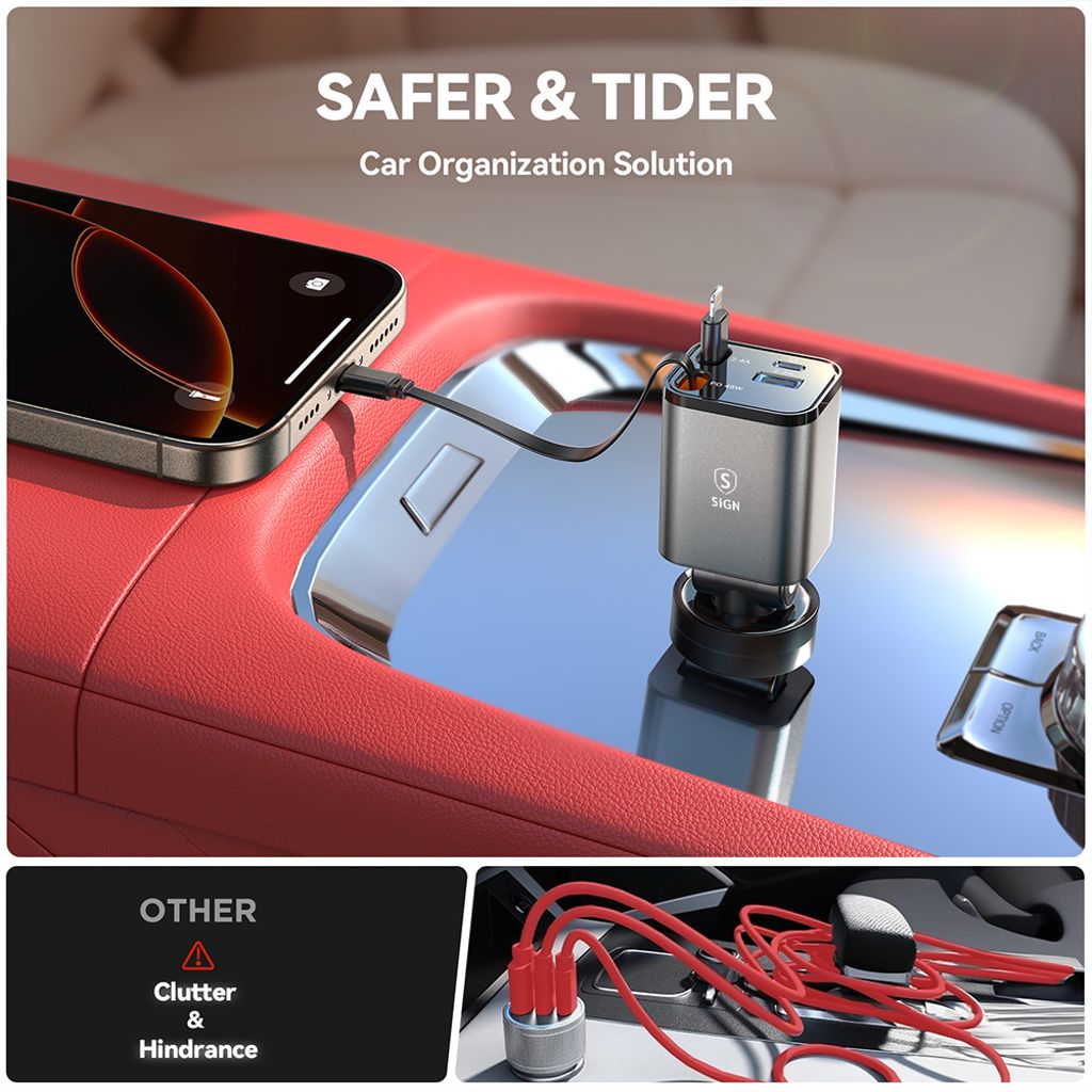 SiGN 4-i-1 billaddare 30W med utdragbara USB-C/Lightning-kablar – svart