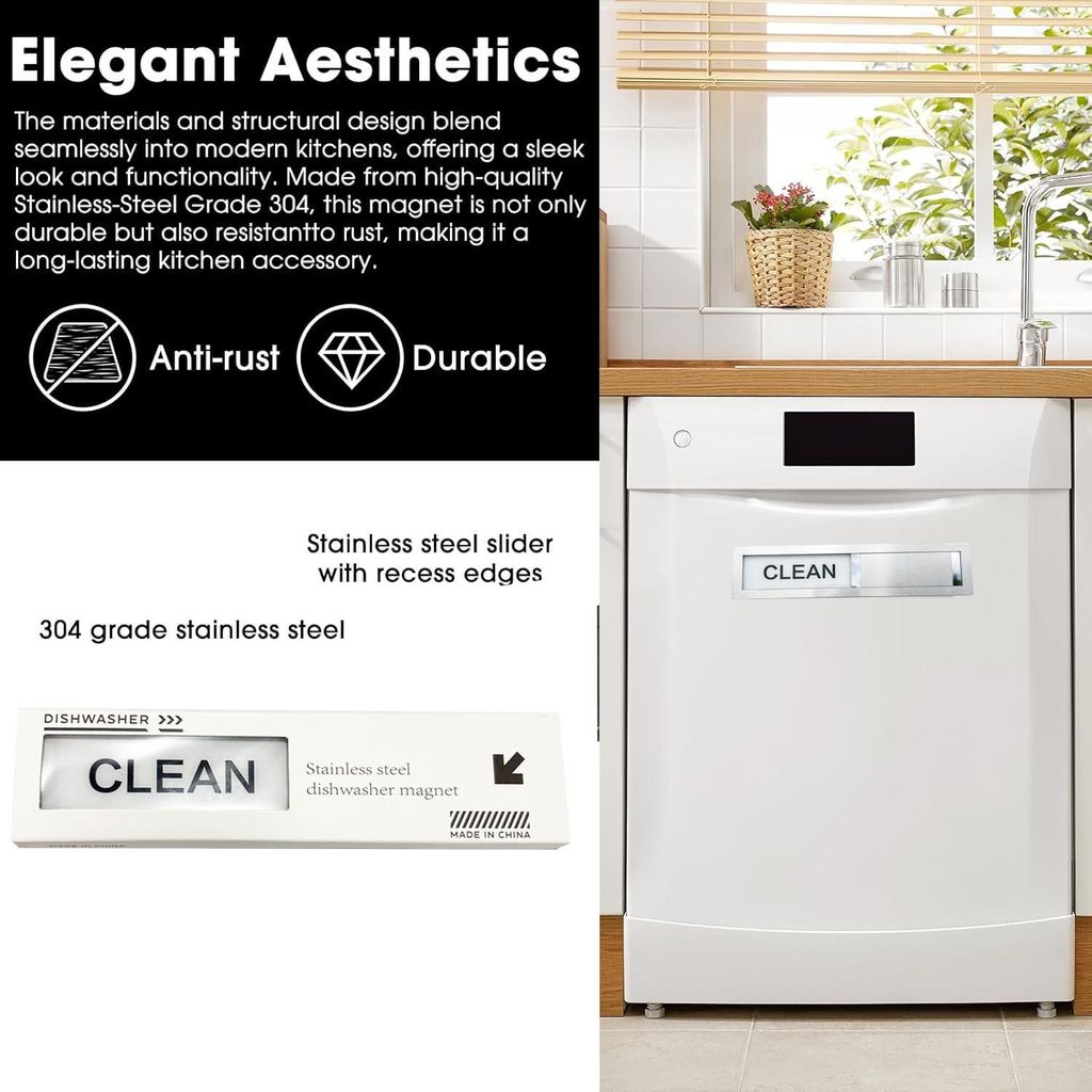 Opvaskemaskinemagnet Clean/Dirty i rustfrit stål – Sort/Hvid
