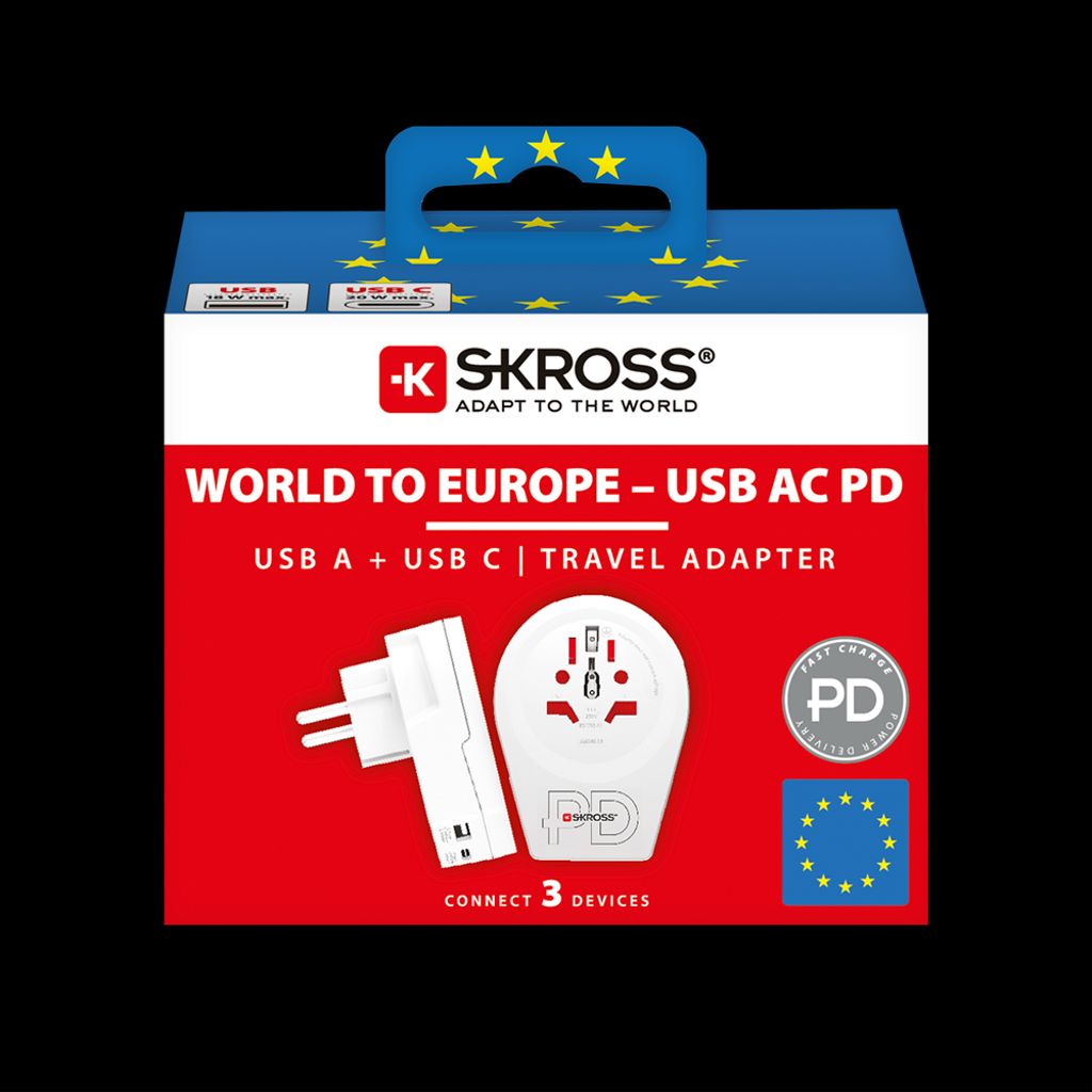 SKROSS Reiseadapter Verden til Europa med USB-A/USB-C 20W PD