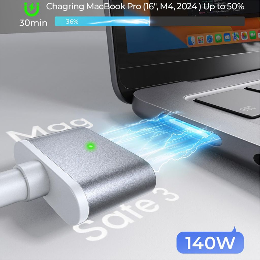 Lisen USB-C til MagSafe 3 opladningskabel, 140W, 2m – Sølv