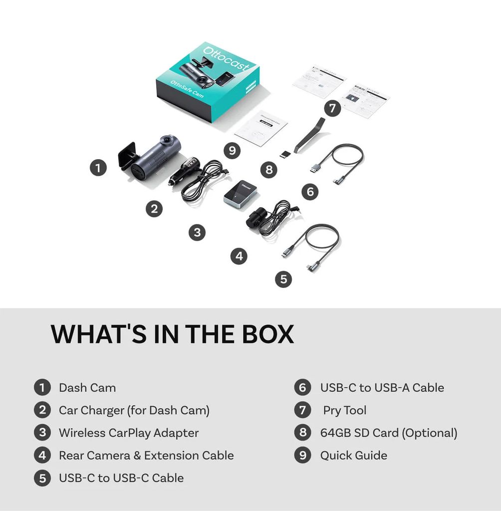Ottocast OttoSafe Cam 2-i-1 bilkamera med trådløs CarPlay-adapter + 64 GB microSD-kort