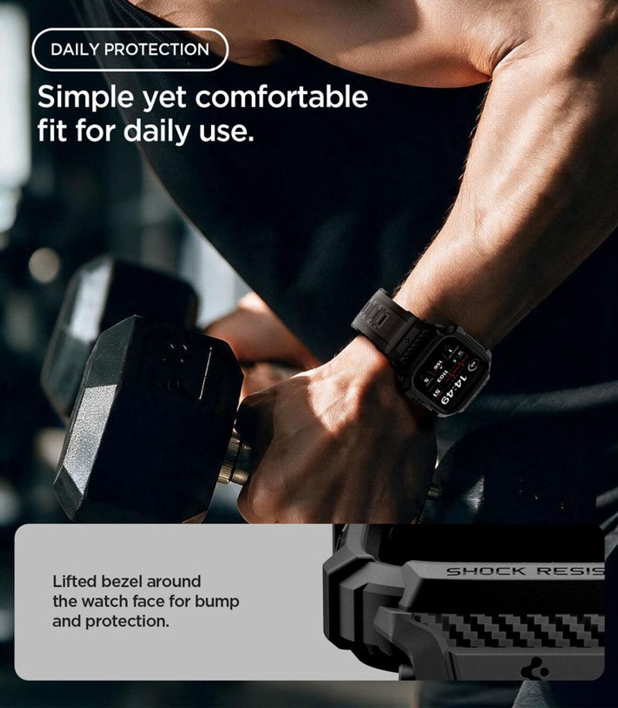 Spigen Apple Watch 12 (46mm) Kellonranneke & Kuori Rugged Armor Pro - Musta
