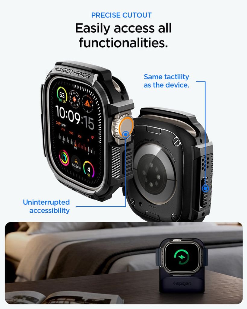 Spigen Apple Watch Ultra 4/3/2/1 49mm kuori Rugged Armor näytönsuojalla  - Musta