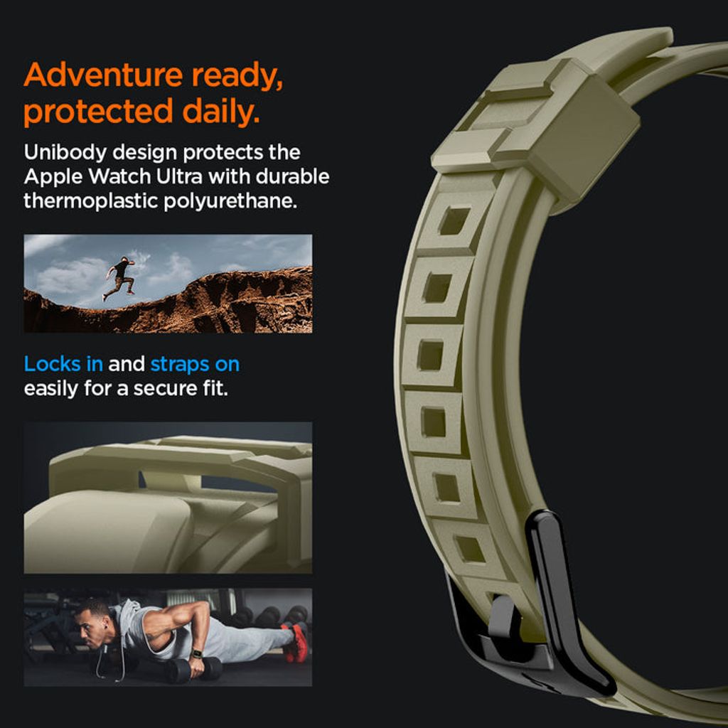 Spigen Rugged Armor Pro -kellonranneke + suojakuori Apple Watch Ultralle 4/3/2/1 (49 mm) - Vintage Khaki