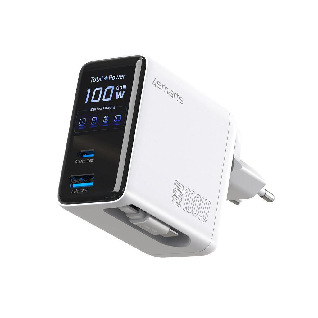 4Smarts GaN Flex 100W matkasovitin/laturi EU/USA - USB-C/USB-A + USB-C-kaapeli