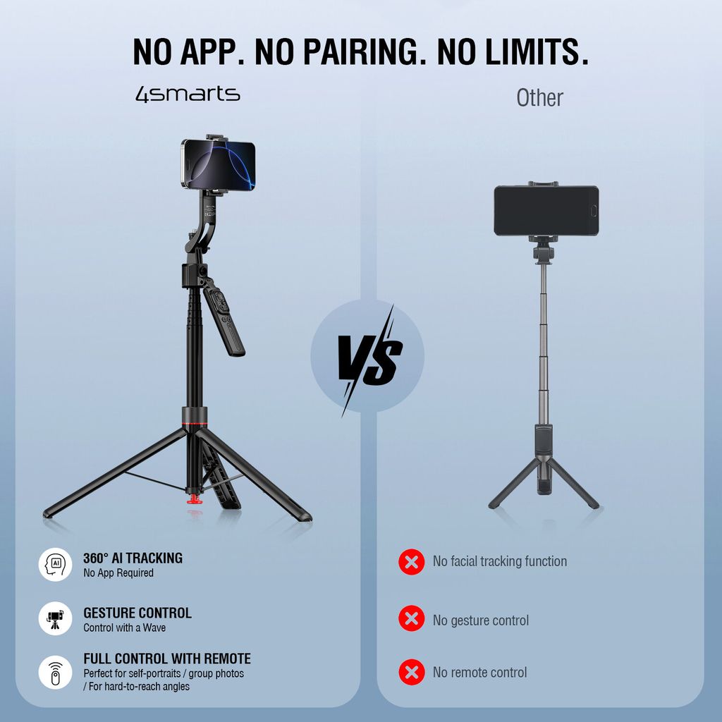 4Smarts 360° AI-stativ/selfiestang med ansiktssporing/fjernkontroll, 176 cm