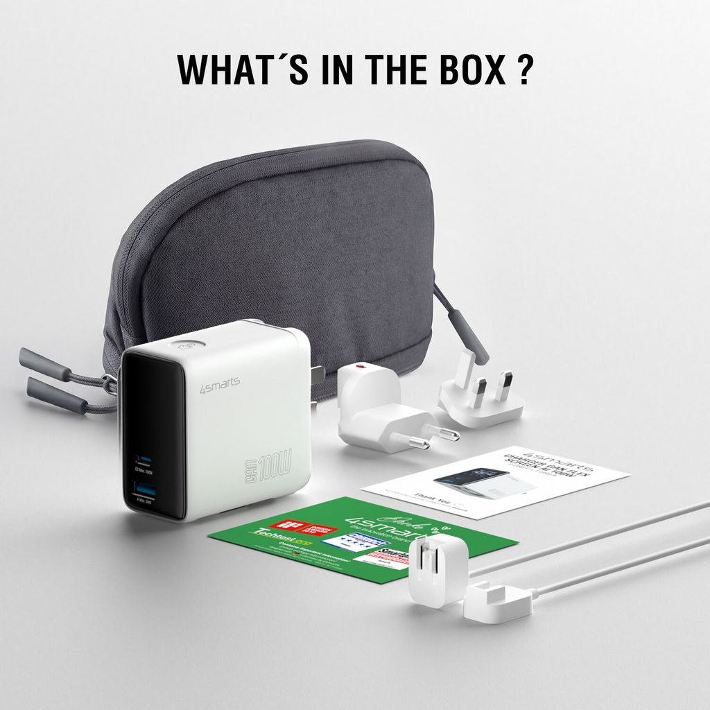 4Smarts GaN 100W Reseadapter/Laddare  EU/US/UK till USB-C/USB-A + USB-C kabel