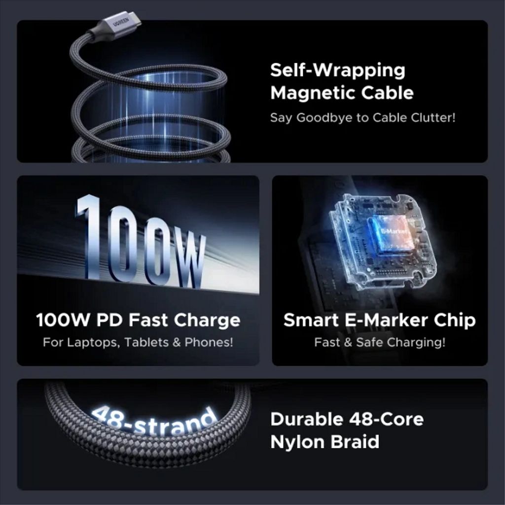 UGREEN USB-C - USB-C PD Magneettinen Pikalatauskaapeli 100W, 1m - Space Gray