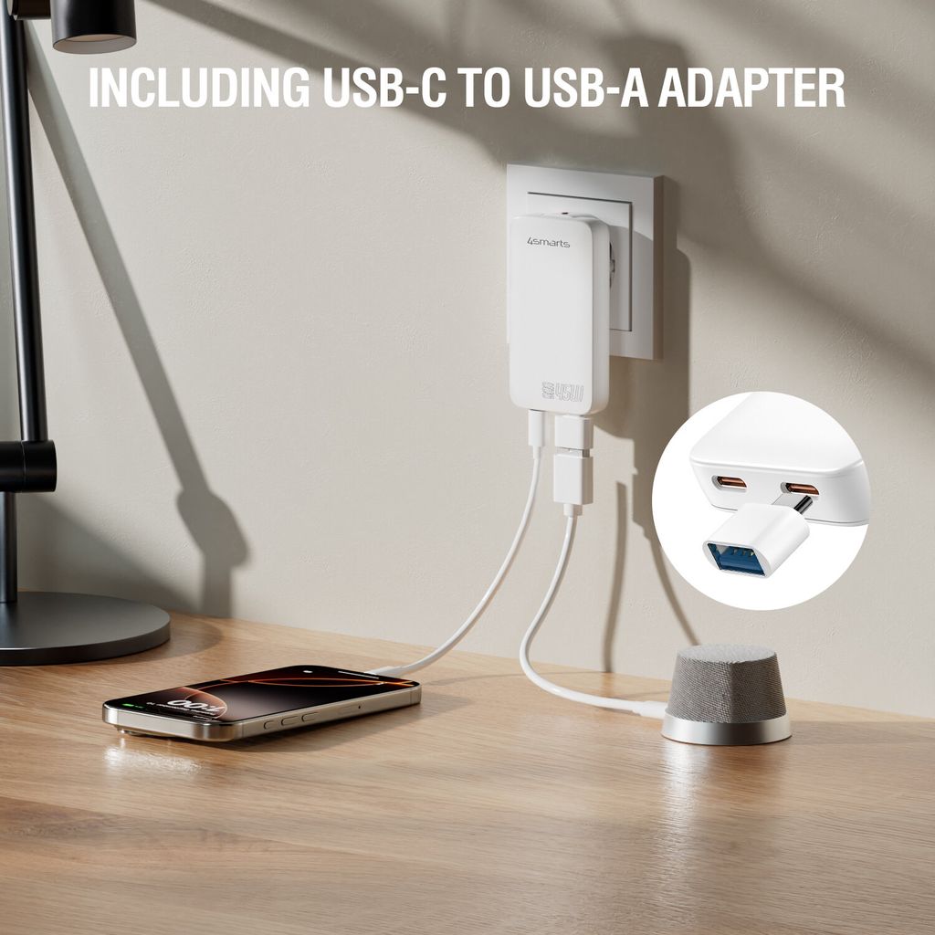 4Smarts FlatPlug Slim Dual 45W GaN 2x USB-C Vegglader – Hvit