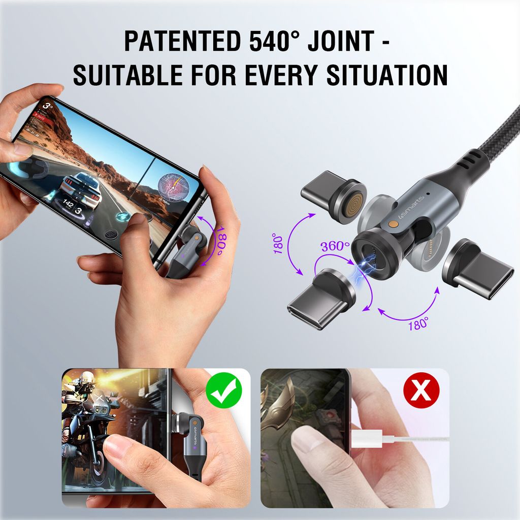 4Smarts GravityCord USB-C 540° magnetiskt kabelset 240W 1,8m – svart