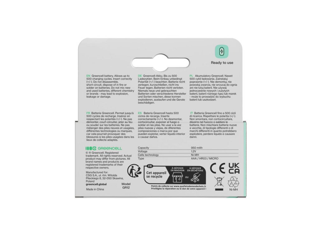 Green Cell 4x AAA HR03 950mAh Genopladeligt Batteri Pack