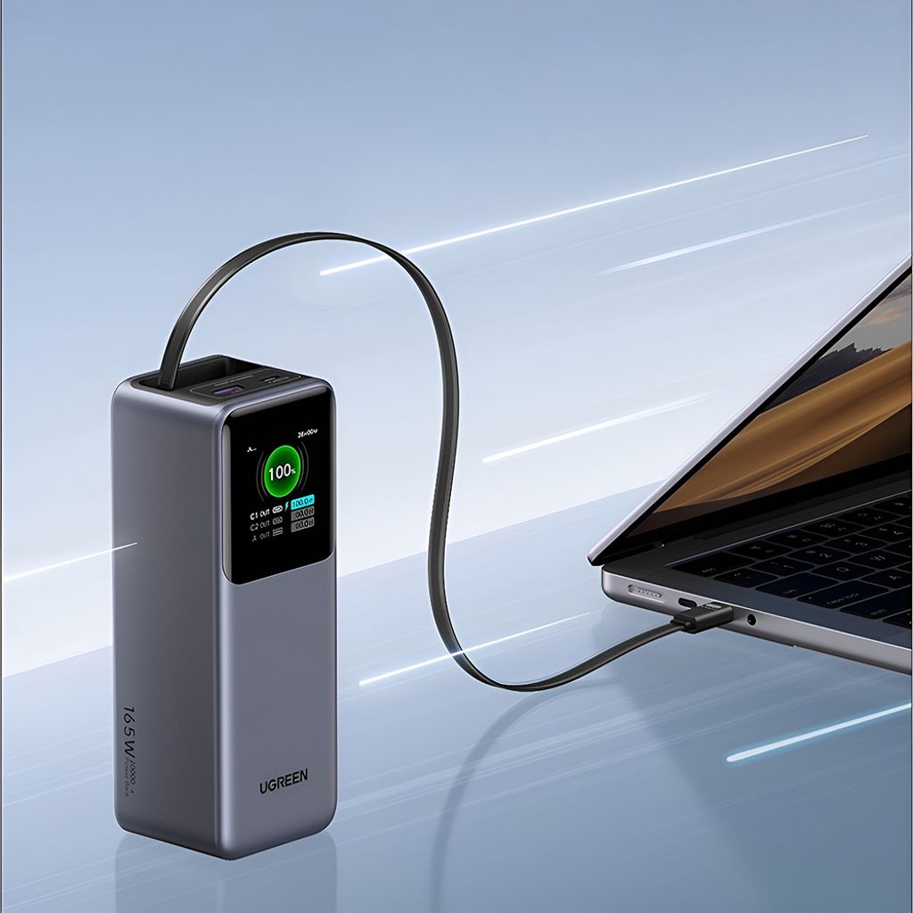 Ugreen Powerbank PB726 20000mAh, 165W med innebygd USB-C-kabel – Grå