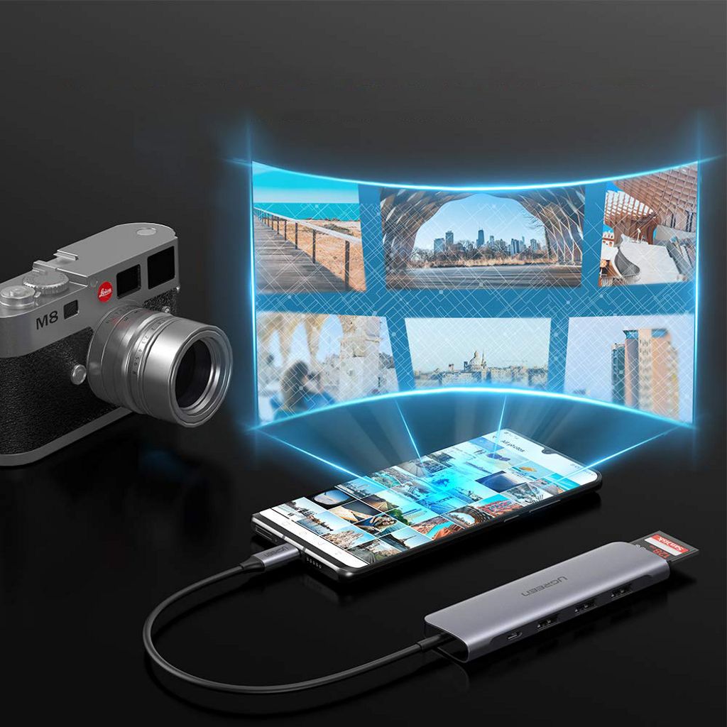 UGREEN CM195 USB-C-keskitin HDMI/USB-A/USB-C/SD/microSD-liitännällä - harmaa