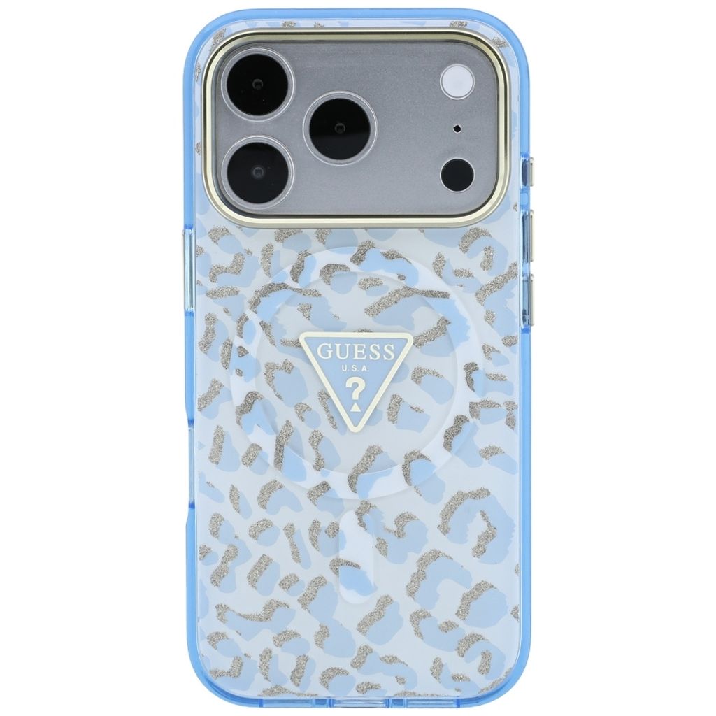 Guess Leopard Glitter Triangle Logo MagSafe -kuori iPhone 17 Pro Max/18 Pro Max:lle - Sininen