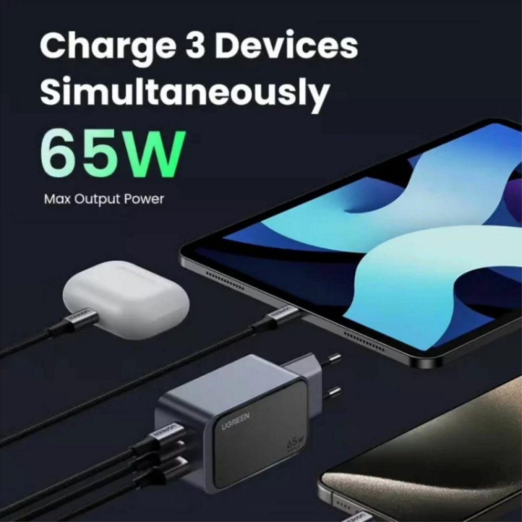 UGREEN Nexode Pro X553 65W seinälaturi – 2 x USB-C + 1 x USB-A