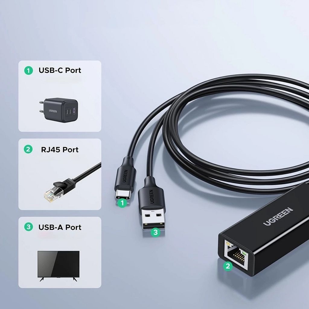 UGREEN CR110 Ethernet-adapter RJ45, USB/USB-C - svart