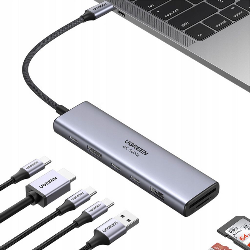 UGREEN USB-C-keskitin 1x USB-A/3x USB-C/1x HDMI/1x SD/1x microSD - Harmaa