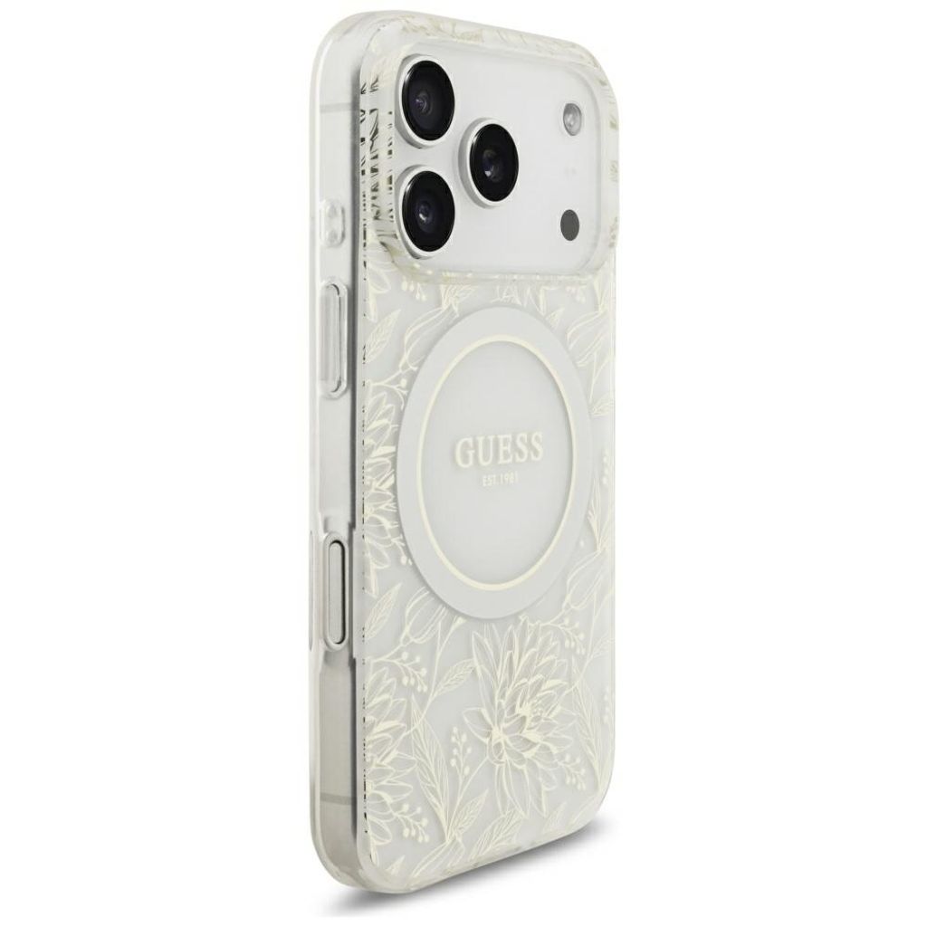 Guess IML Flower MagSafe -kuori helmirannekkeella iPhone 18 Pro Max/17 Pro Max:lle - Valkoinen