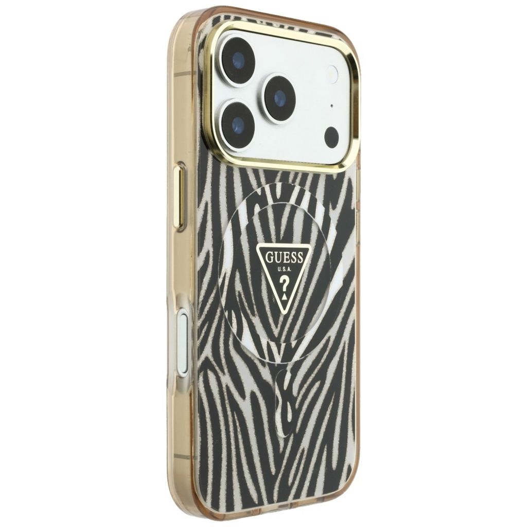 Guess Zebra Glitter Triangle Logo MagSafe -kuori  iPhone 17 Pro/18 Pro Case:lle - Kulta