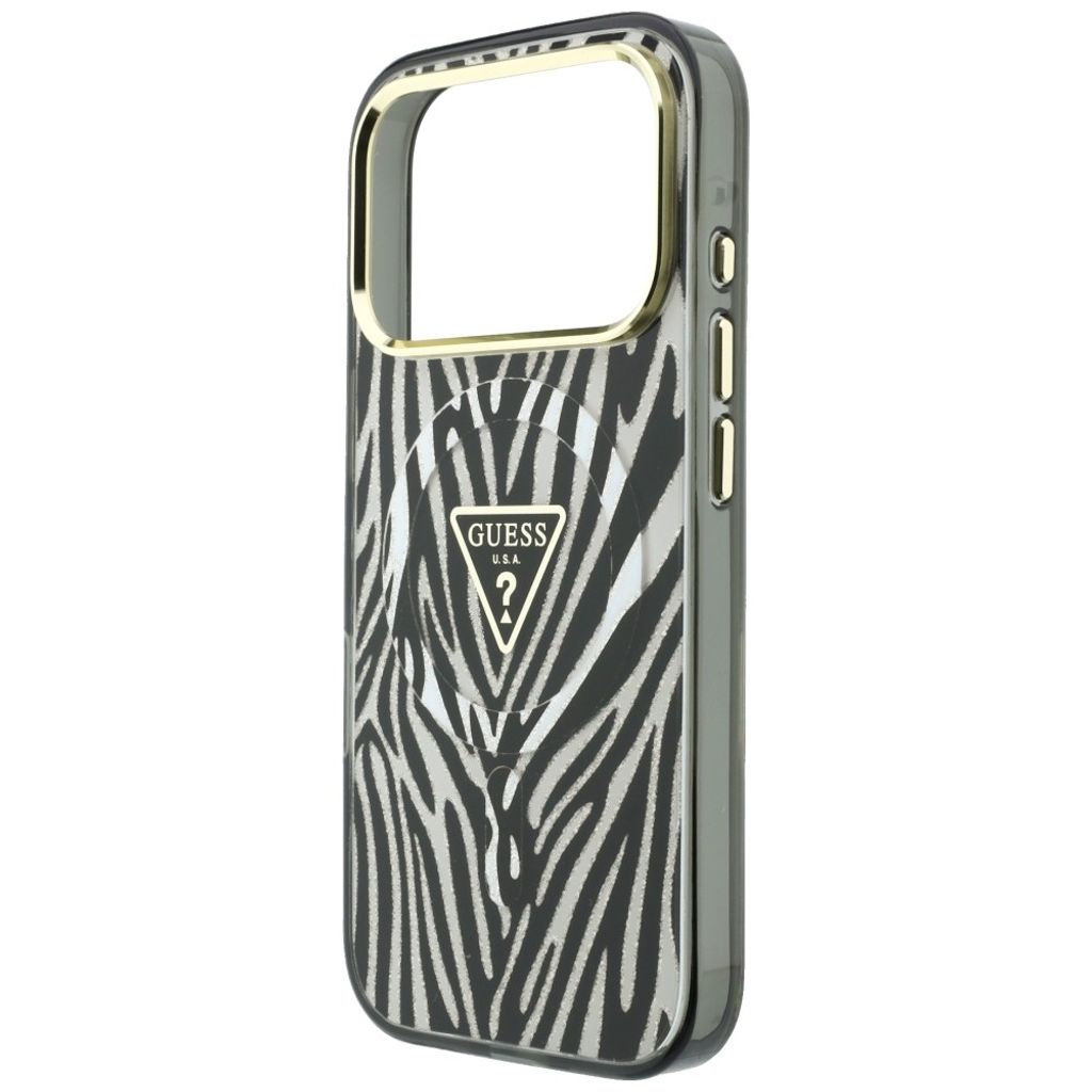 Guess IML Zebra Glitter Triangle Logo MagSafe -kuori  iPhone 18 Pro/17 Pro:lle - Hopea