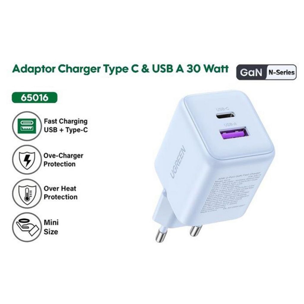 UGREEN Seinälaturi X516 30W, 3A, USB-A/USB-C - Valkoinen