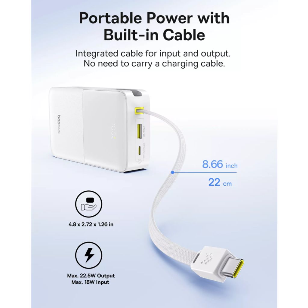 Baseus EnerFill Bipow2 Pro Powerbank 30000mAh QC+PD med USB-C-kabel - Hvit