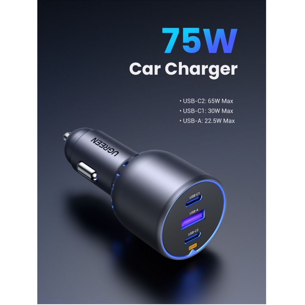 UGREEN EC703 Autolaturi 75W – 2 x USB-C + 1 x USB-A
