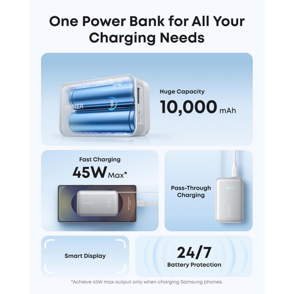 Anker Nano 10000 mAh hurtigopladende powerbank 45W med indbygget USB-C-kabel – hvid