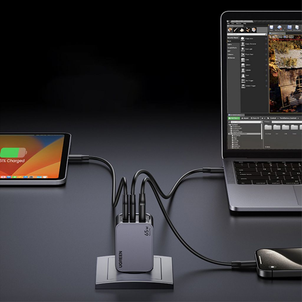 UGREEN X755 Nexode Pro 65W -seinälaturi – 2x USB-C / 1x USB-A USB-C-kaapelilla