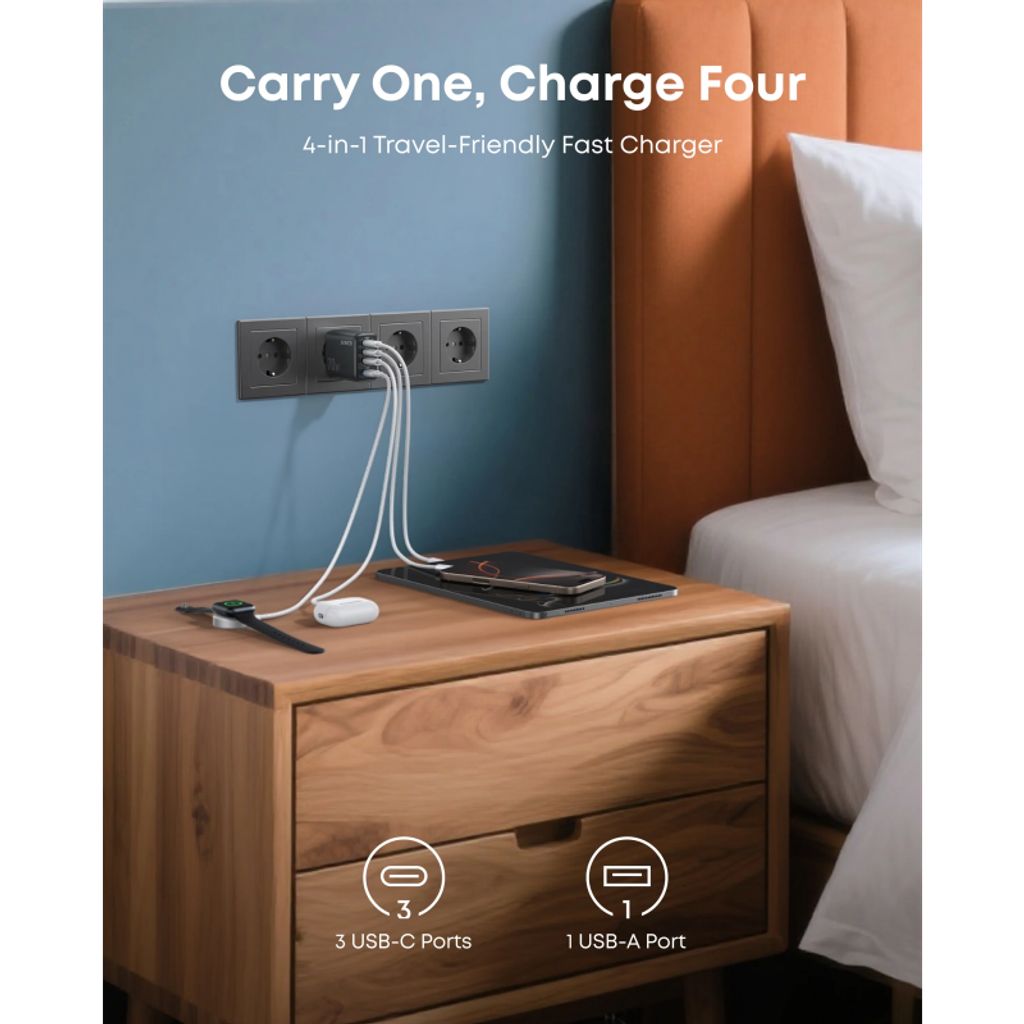 Anker Zolo väggladdare 70W, 3x USB-C, 1x USB-A – Svart
