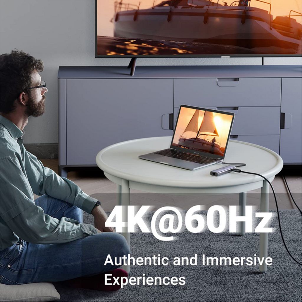 UGREEN CM512 USB-C-keskitin, jossa USB-C / HDMI / SD / microSD / RJ45 / 2x USB-A - Harmaa