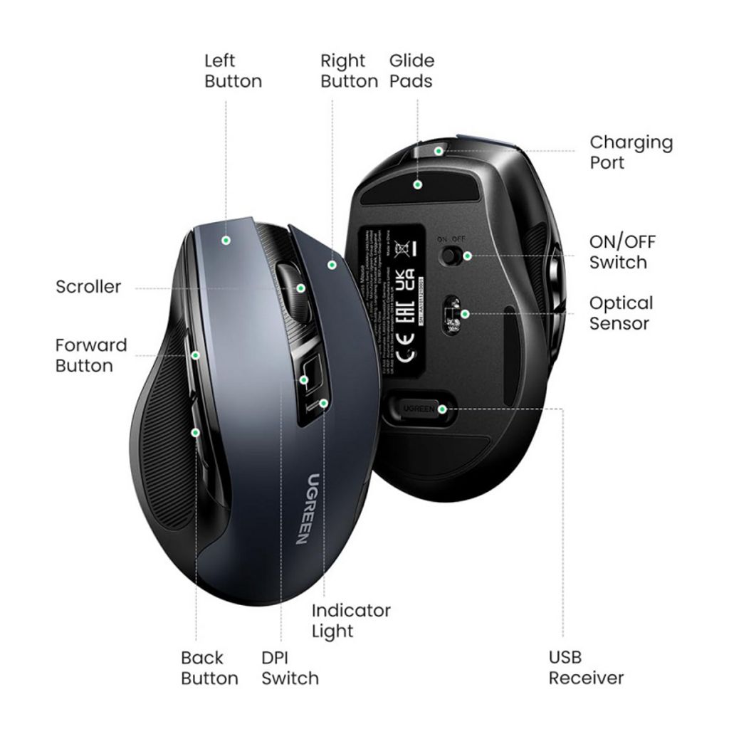 Ugreen MU006S trådløs mus Bluetooth/WiFi – grå